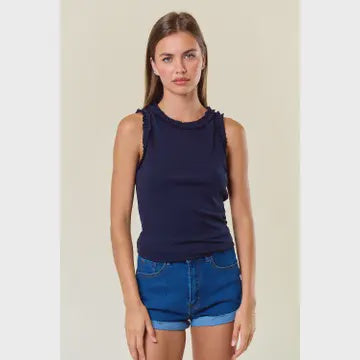 Solid Knit Tank W.Ruffle Trim -  navy