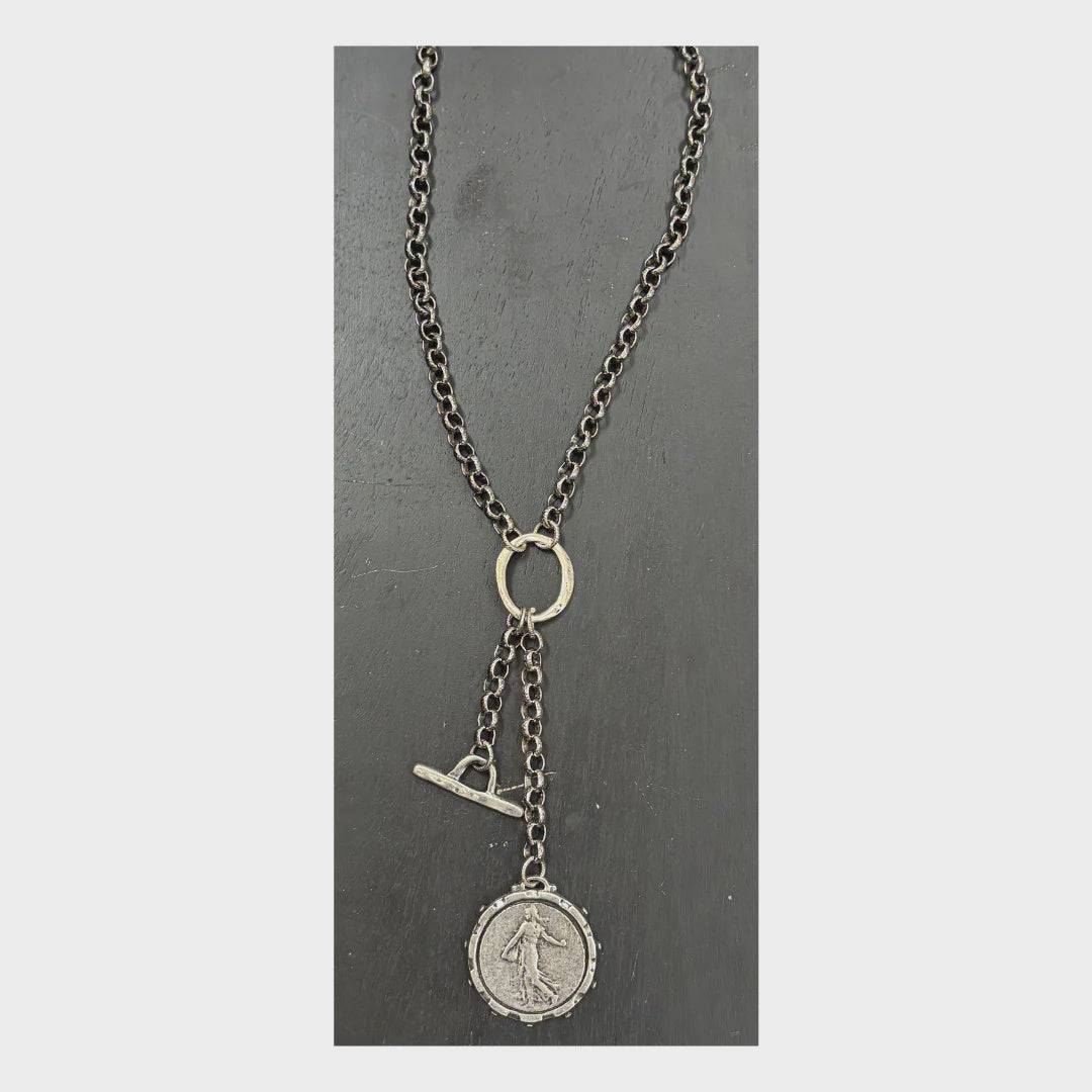 17" silver plated chain necklace with antique silver pendants