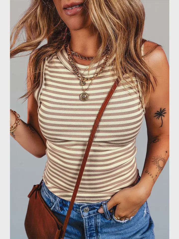 Stripe Exposed Seam Trim Round Neck Tank Top