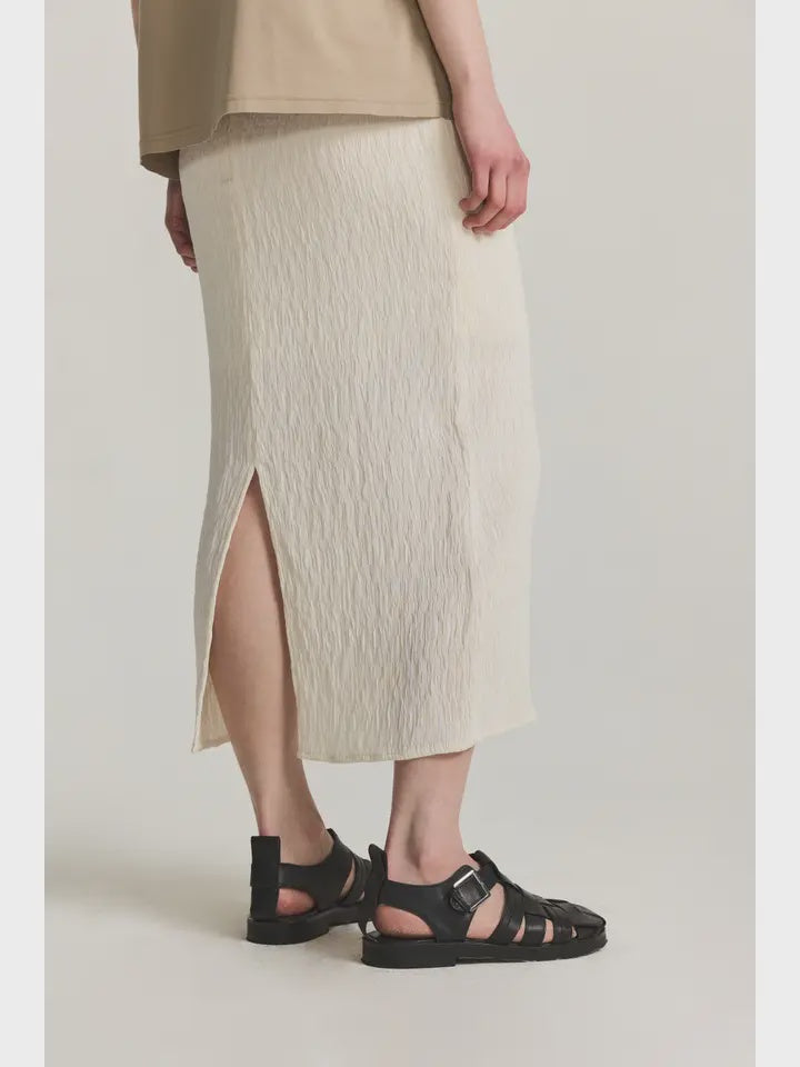 Textured Midi Skirt with Back Slit Beige