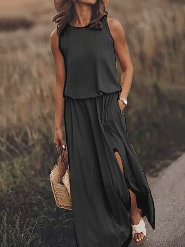 Split-Side Sleeveless Midi Dress BLK