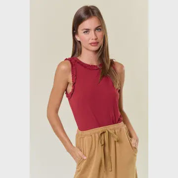 Solid Knit Tank W.Ruffle Trim -  BURNT SIENNA