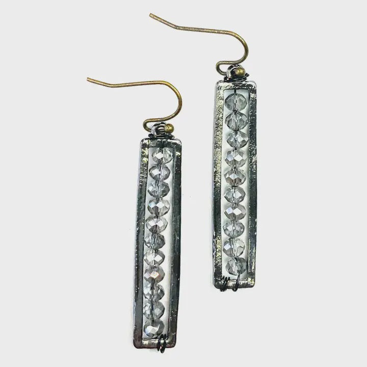 Thin Beaded Rectangle Dangle Earrings in Grey