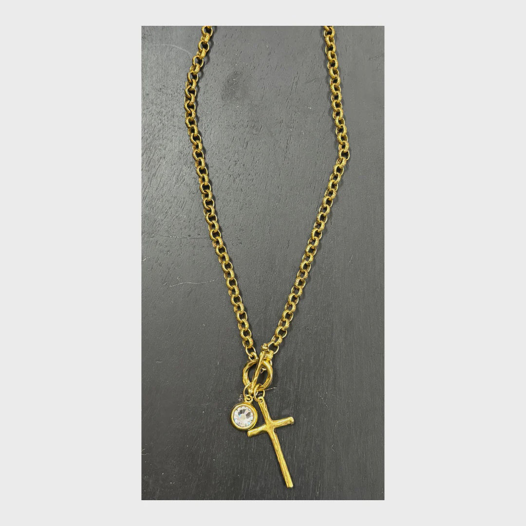 17" gold plated chain necklace with gold plated cross and crystal