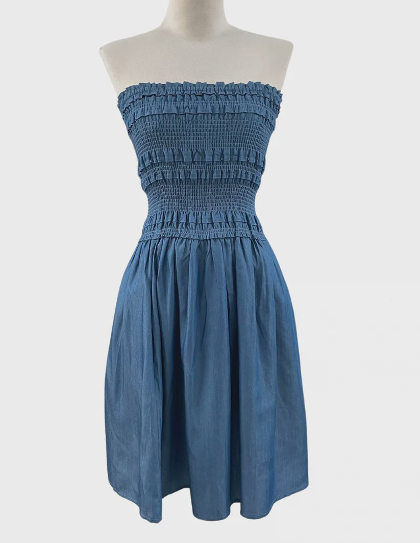 Smocked bodice dress sleeveless light wash