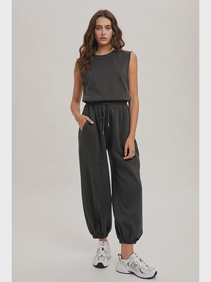 Drawstring Waist Sleeveless Knit Active Jumpsuit ASH