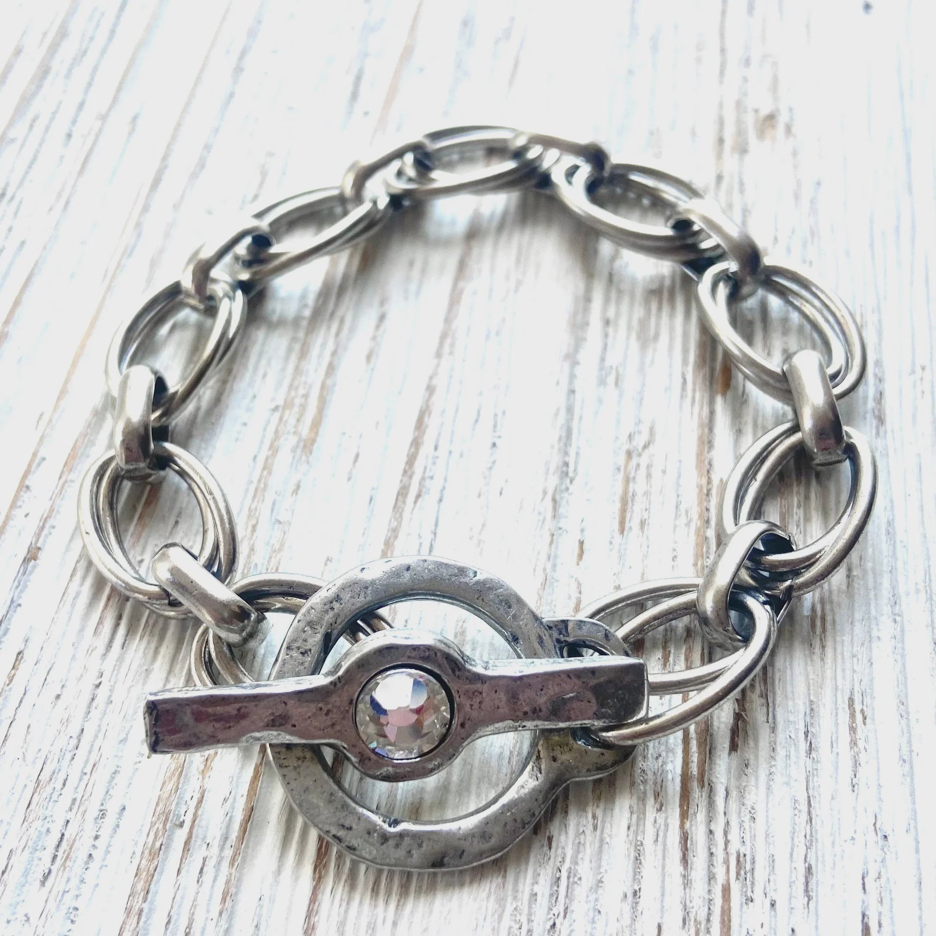 hammered chunky silver bracelet with crystal