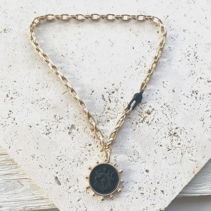 Matte Gold Coin Necklace Matte Black Clasp