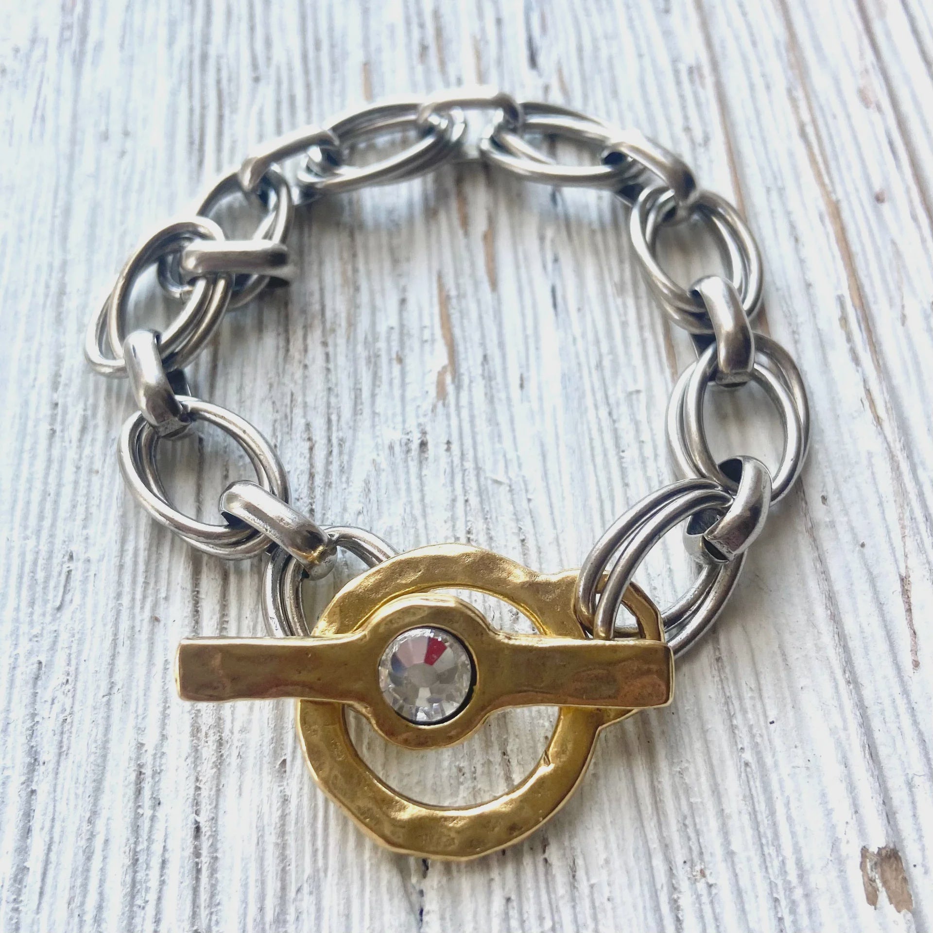 mixed metalchunky bracelet with hammered toggle