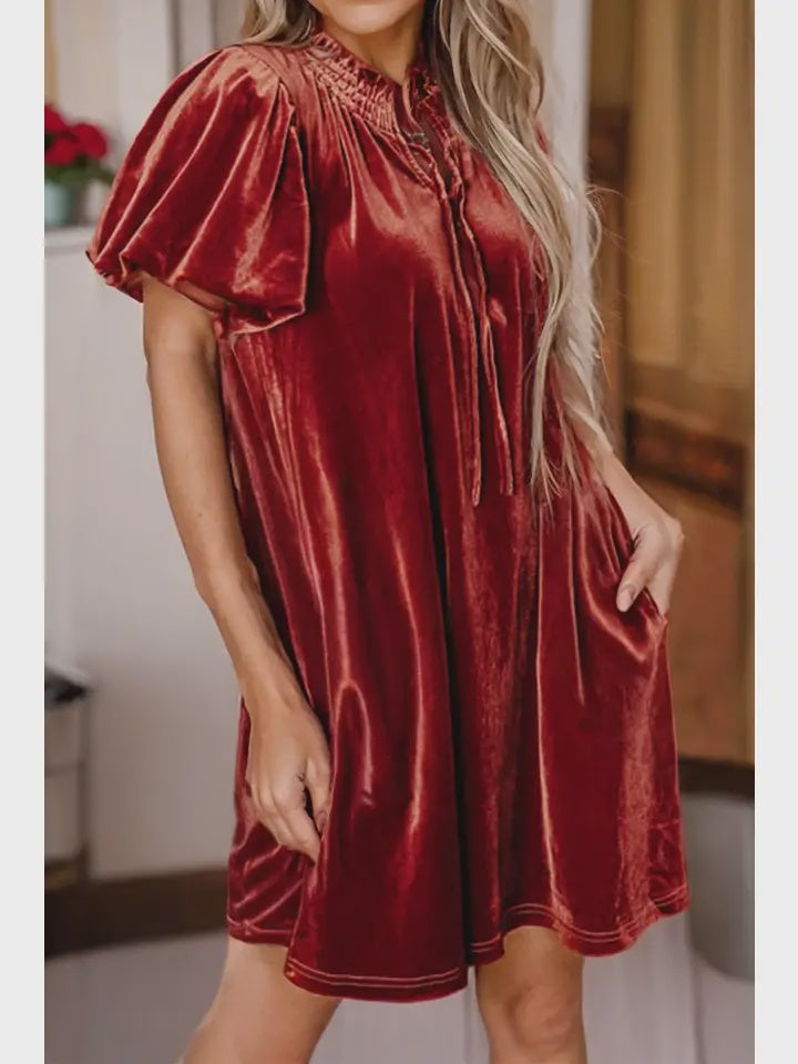 V neck Velvet Puff mini Dress