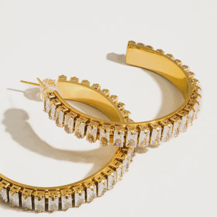 Glamora 18K Gold Non-Tarnish Large Rhinestone C-Hoop Earring