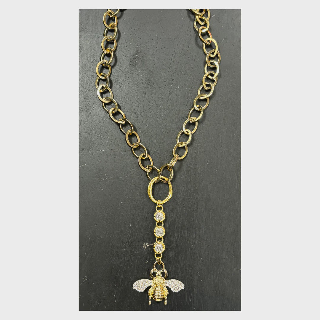 17" gold plated chain necklace with crystal chain drop and pave' bee