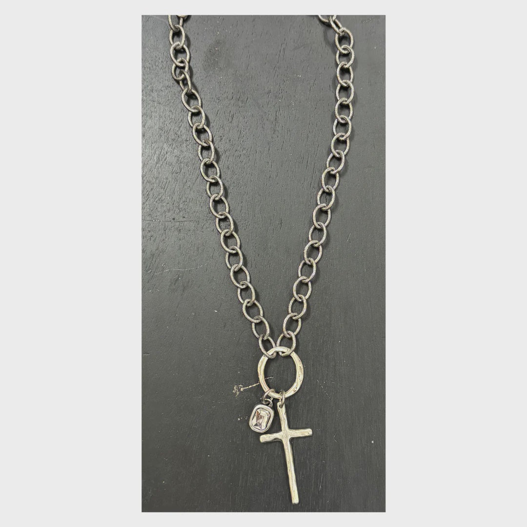 17" antique silver chain necklace with silver pewter and crystal pendants