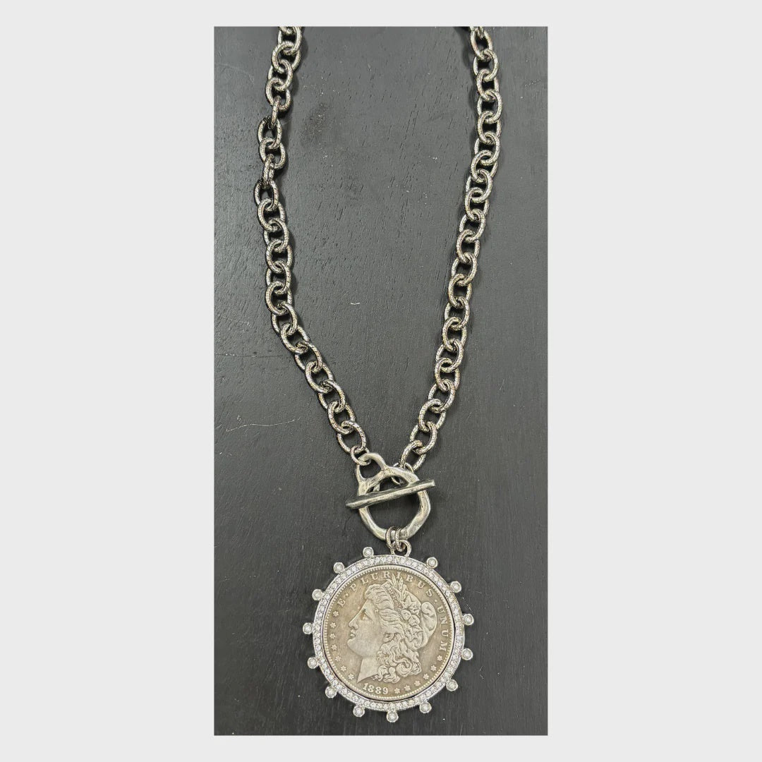 17" antique silver chain toggle necklace with silver replica coin pendant