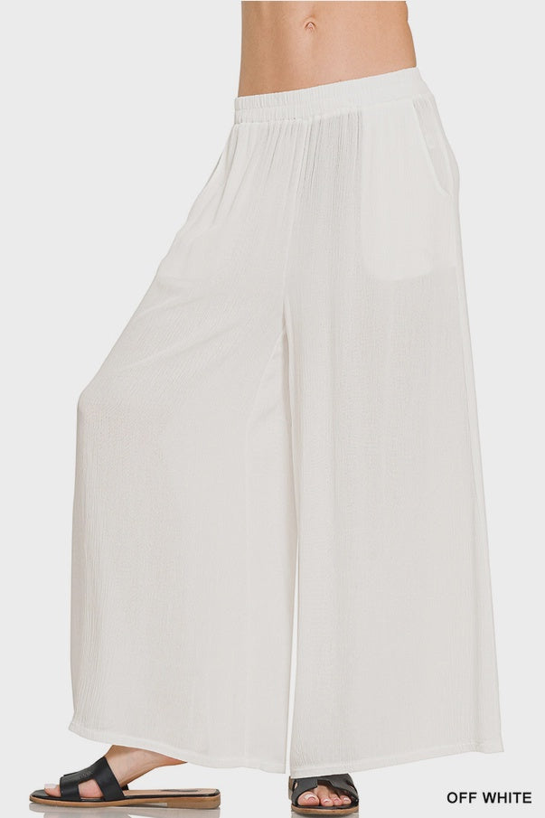 Woven Crinkle Wide Pants with Pockets