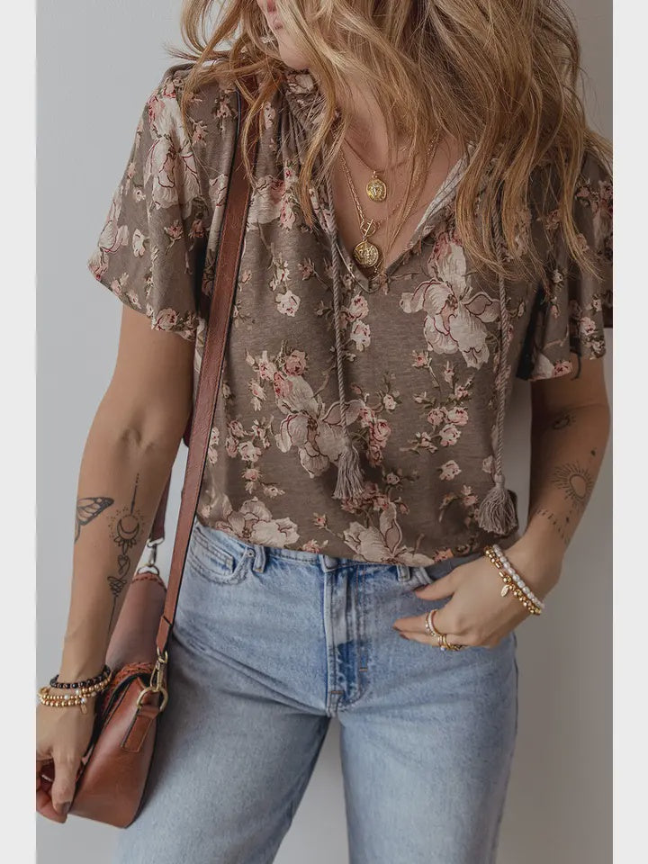 Retro short sleeve Khaki  blouse