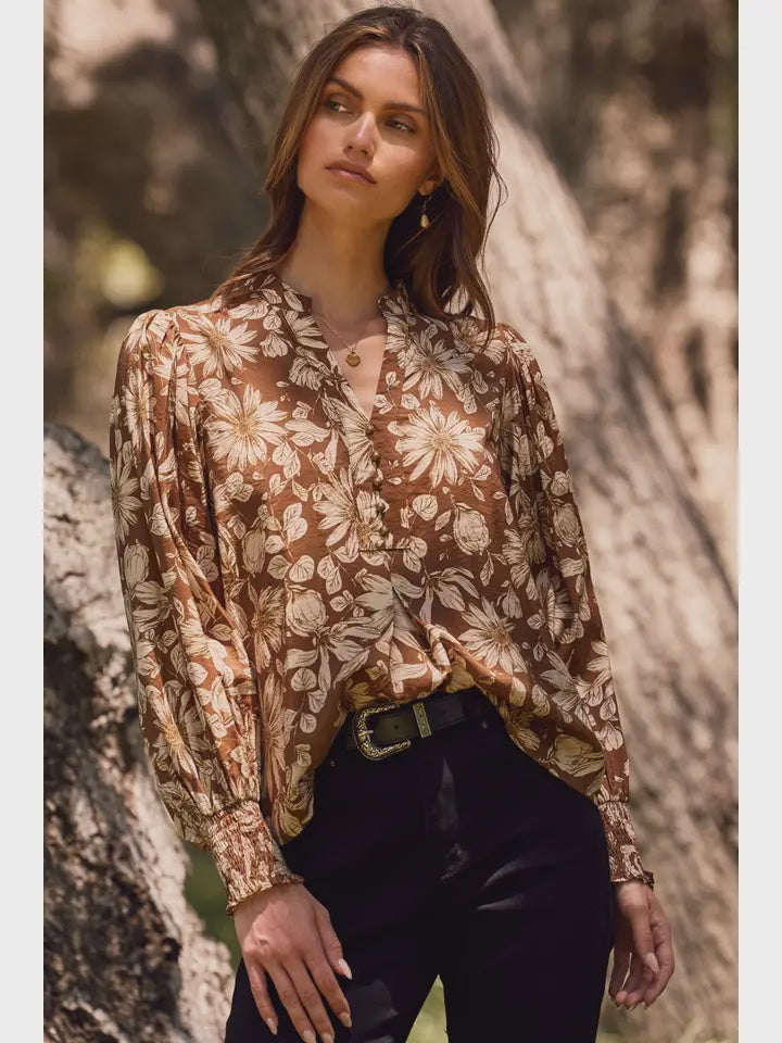 Sheer Floral Printed Blouse brown & wht
