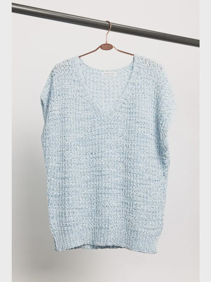 Summer Relaxed Fit V-Neck Knit Top Blue