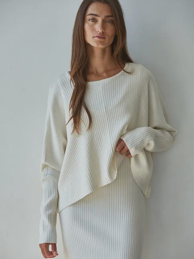 Knit Sweater Ribbed Round Neck Long Sleeve Top Cream
