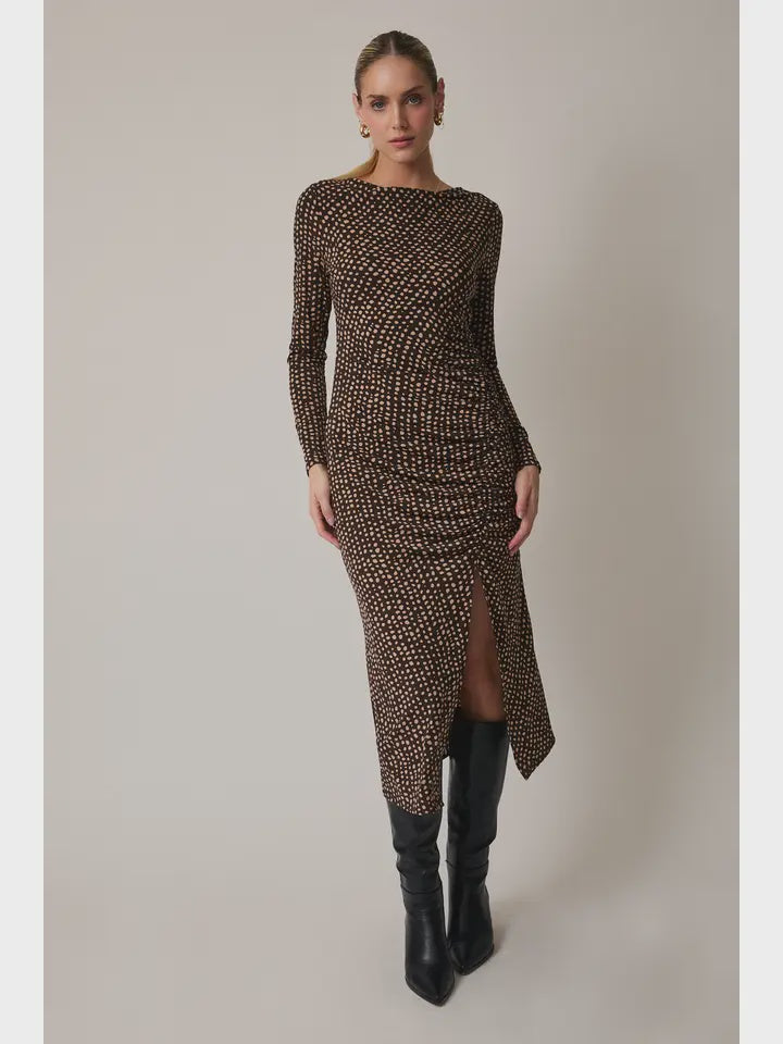 Cowl Neck Long Sleeve Shirring Detail Midi Dress mocha abstract