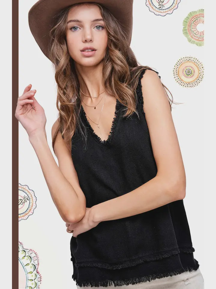 Gauze cut edge sleeveless v neck top