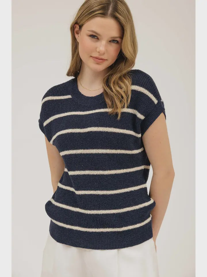 Sleeve knit Navy Ivory stripe
