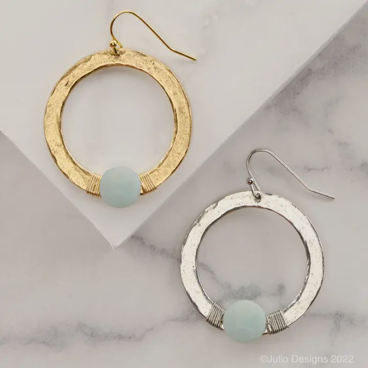 Hammered Circle Earring with Wire Wrapped Accent Bead