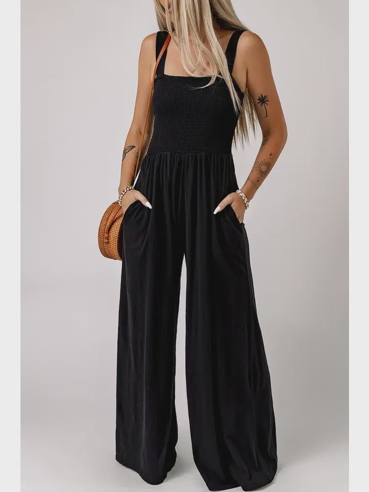 smocked tank jumpsuit black