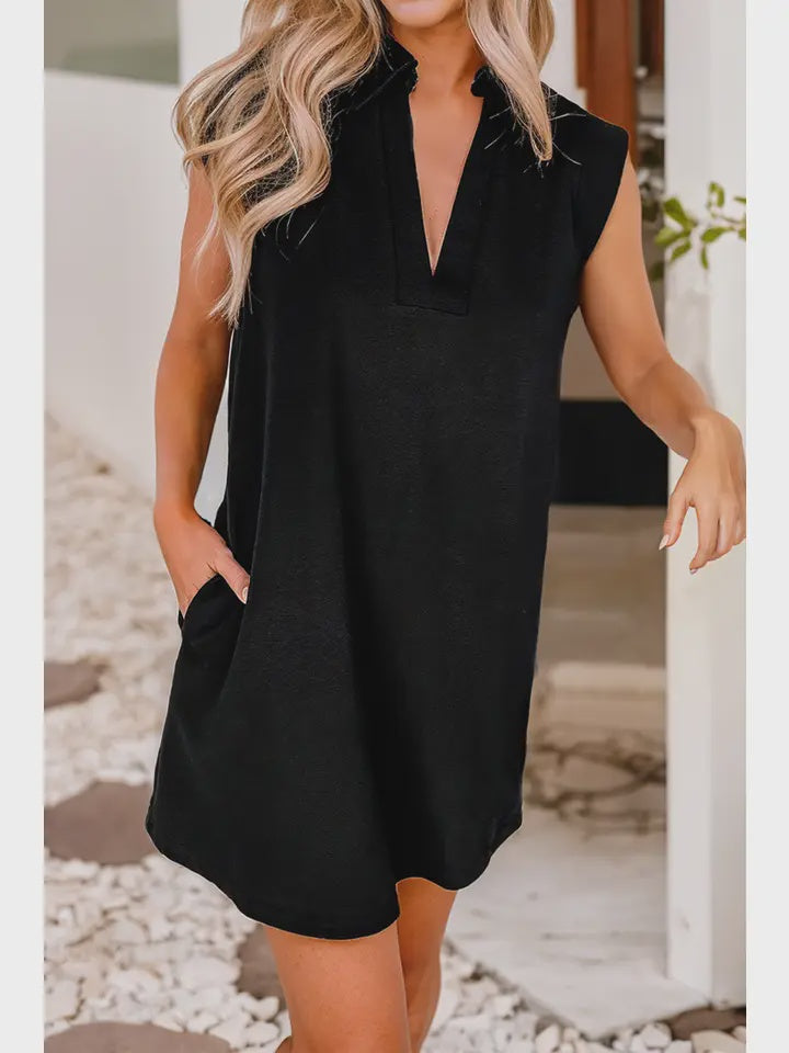 collard slit neck sleeves mini black