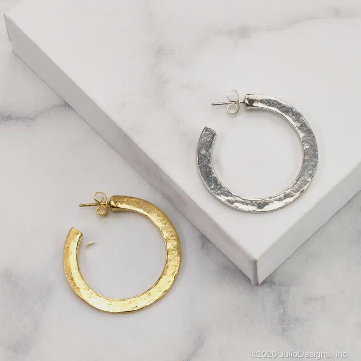 Hammered Knife Edge Post Hoop Earring 1.5" Diameter