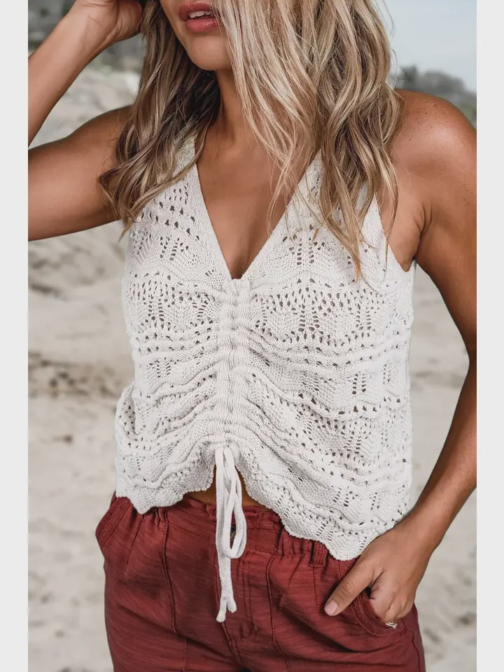 Trendy Hollowed Knit V Neck Drawstring Sweater Vest
