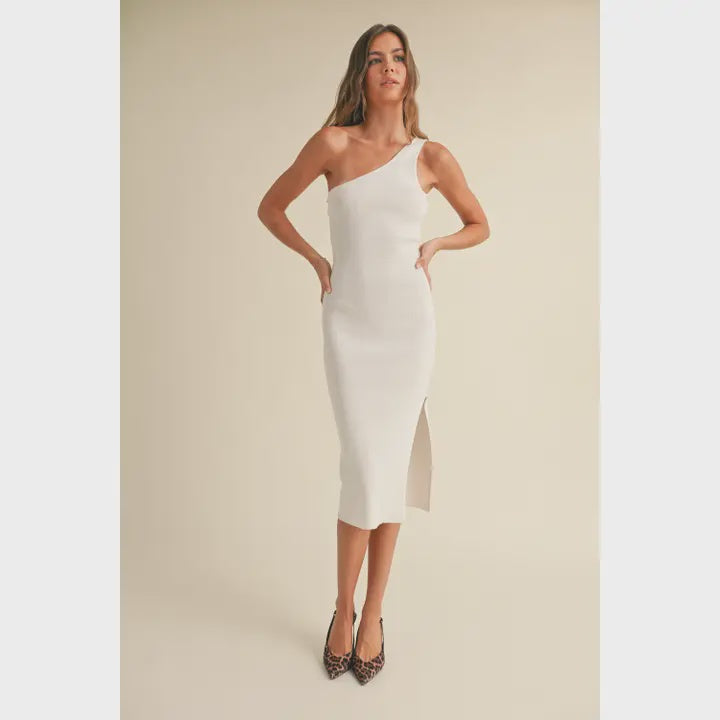 One shoulder cream knitted dress