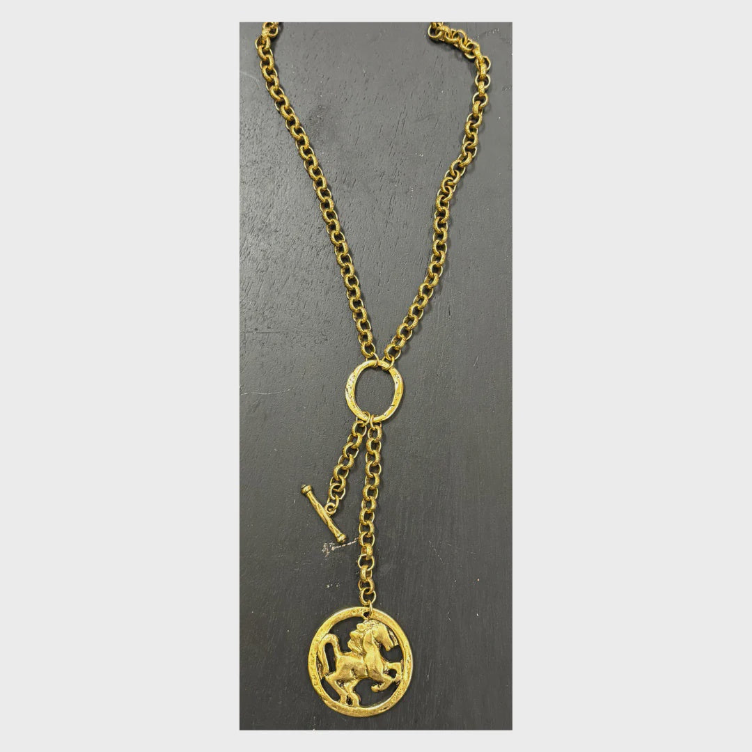 17" antique gold chain necklace with horse head pendentants