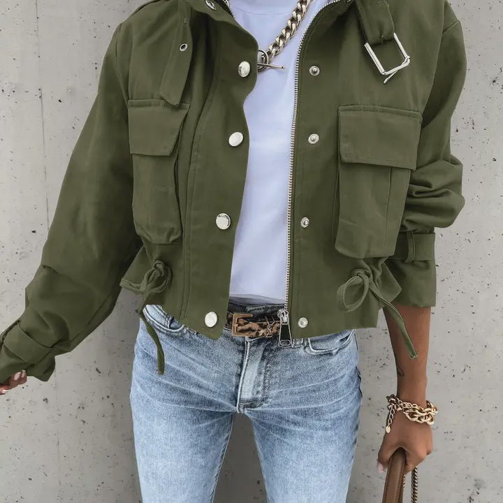 Button-Up Drawstring Jacket olive