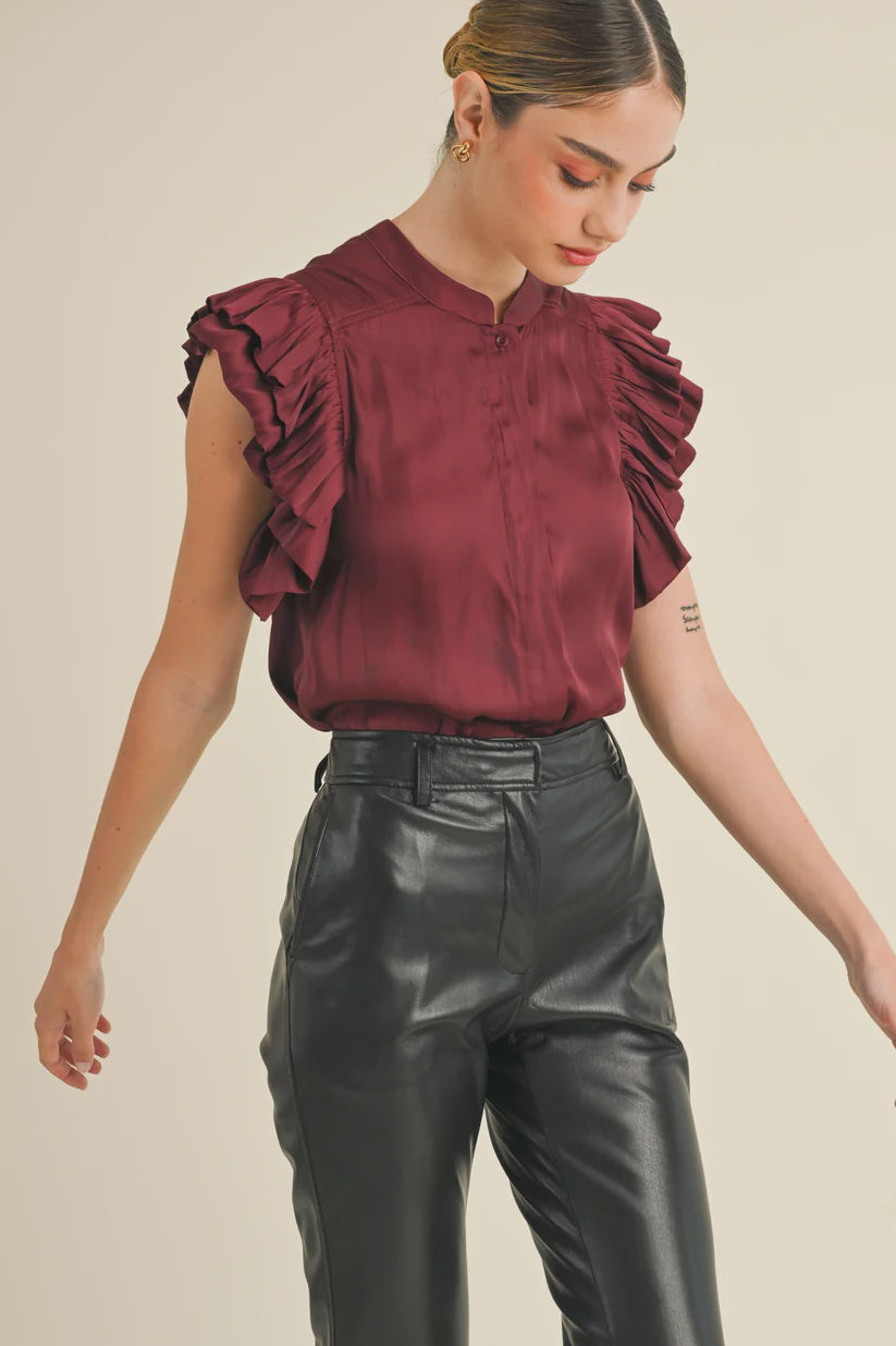 Wine button up Ruffled cap top