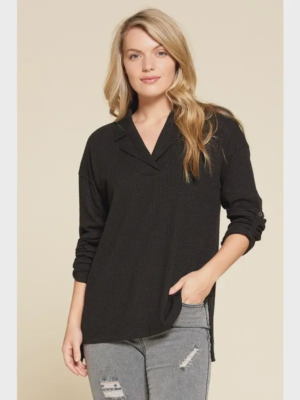 Ribbed Shawl Collar Shirt with Rollup Sleeve BLK