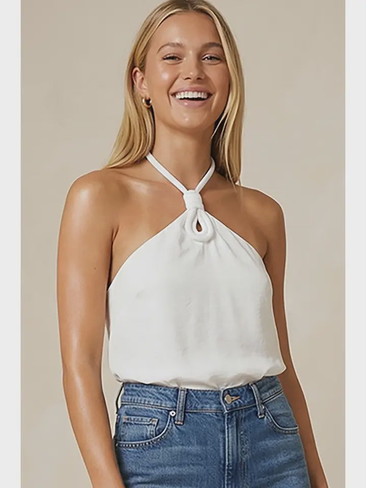 Cord Keyhole Sleeveless Top Off White