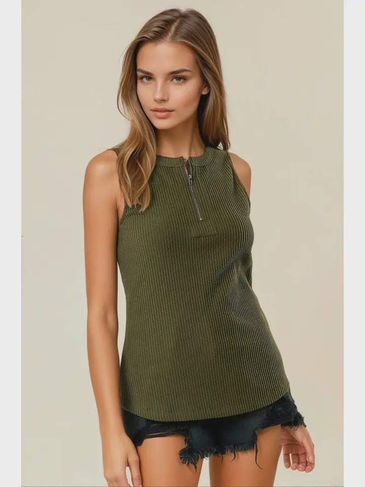 Zip Up Front Tank olive