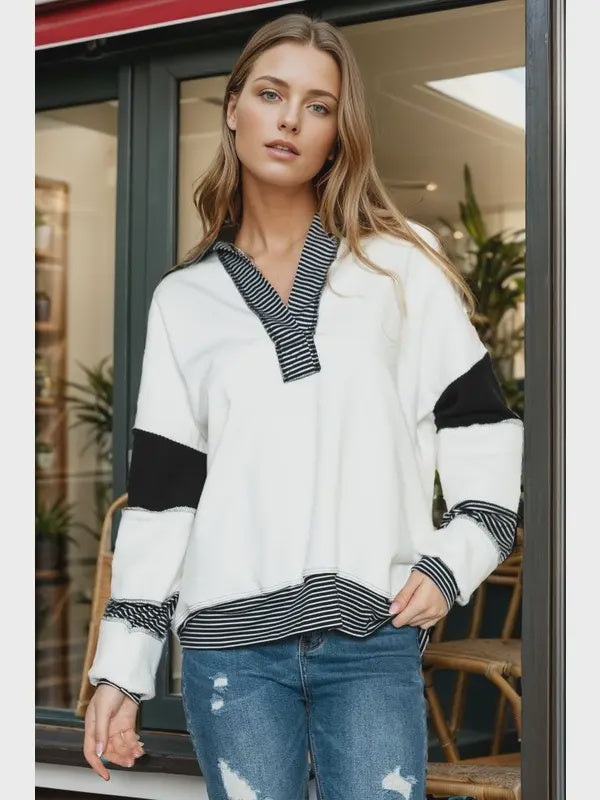 Solid loose fit top with stripe  Navy