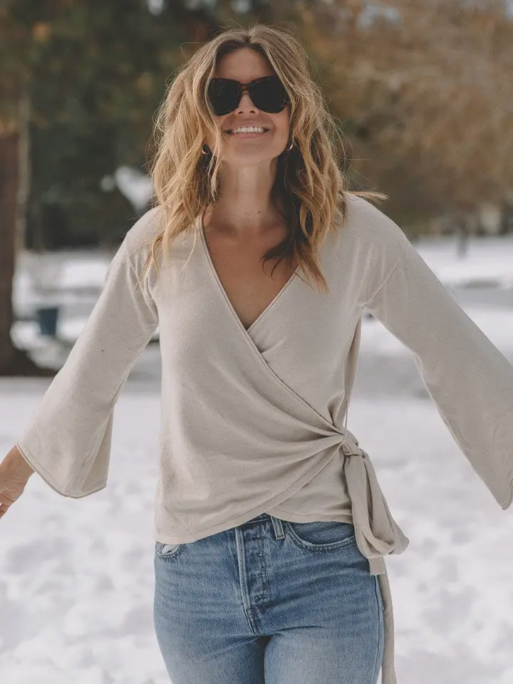 Wrap light weight sweater bell sleeve