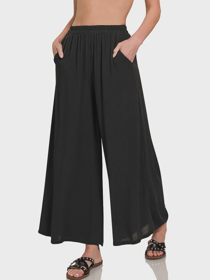 Woven Crinkle Wide Pants with Pockets BLK