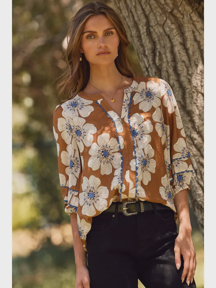 Floral Printed 3/4 Sleeve Blouse brown